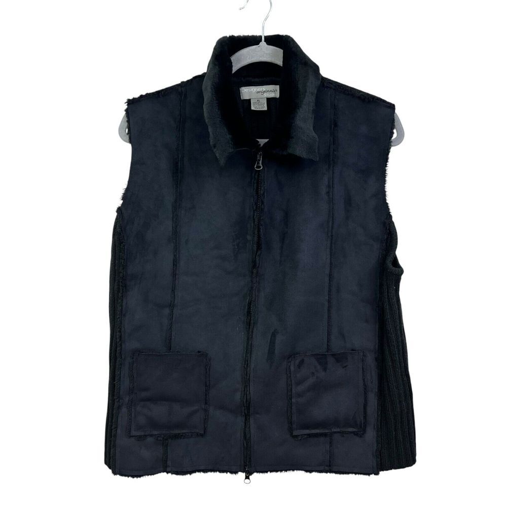 Designers Studio Org Women Knit Vest Vegan Faux Suede Shearling Black Zip Sz XL*